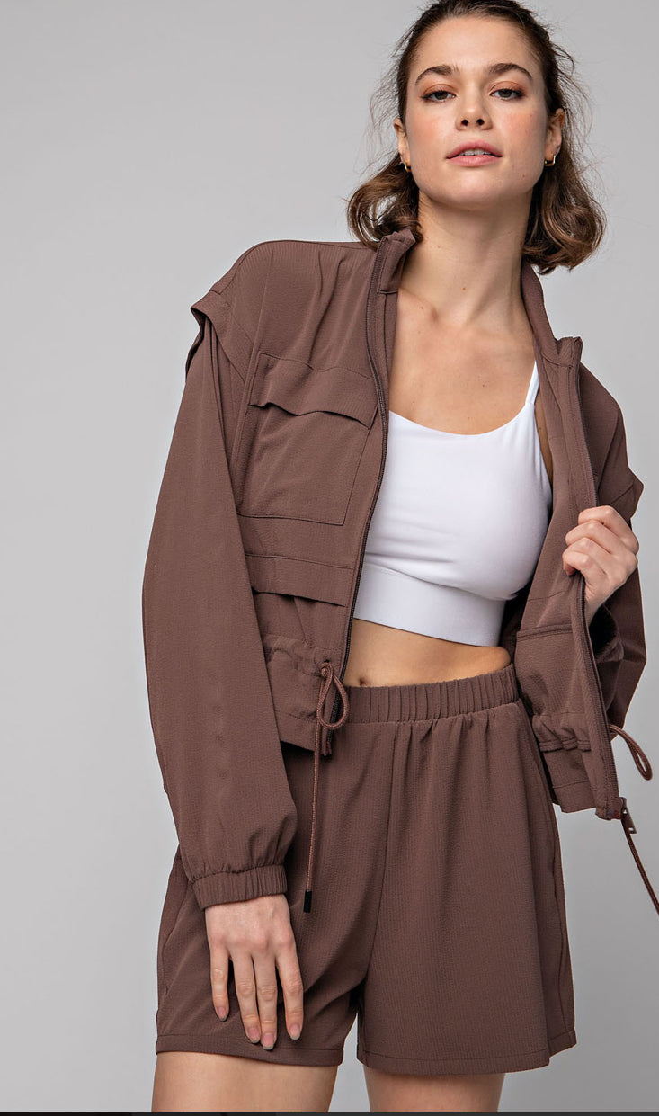 Crinkle Woven Fabric Crop Jacket with Chest Pockets