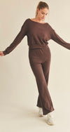 Waffle knit off shoulder sweatshirt and flare set