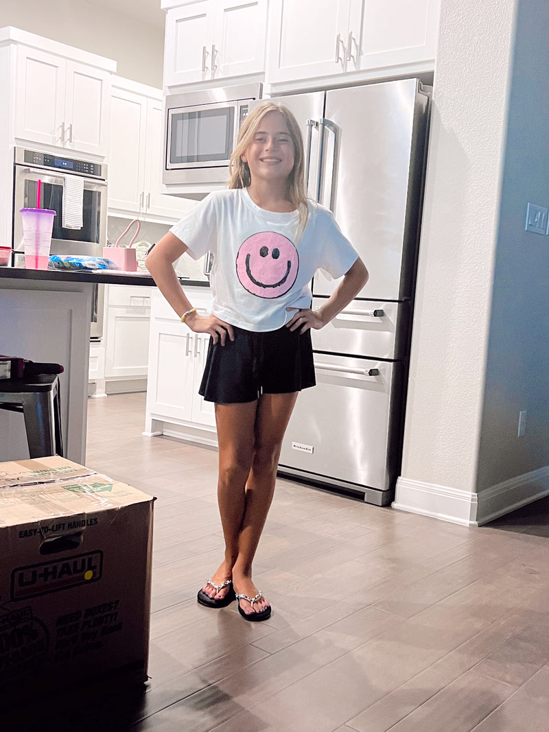 Girl’s Soft Round Neck Crop Tee w/ Pink Happy face patch