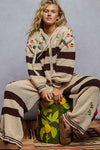 Striped pattern 3D embroidered detail chenille sweater pants