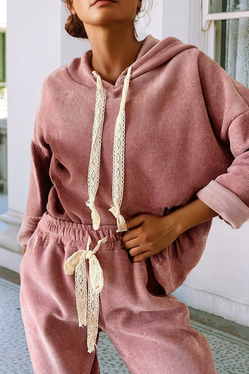 Lace Drawstring Pullover Hoodie and Pants Corduroy Suit