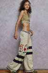 Striped pattern 3D embroidered detail chenille sweater pants