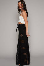 Lace contrast elastic band satin strap solid wide pants