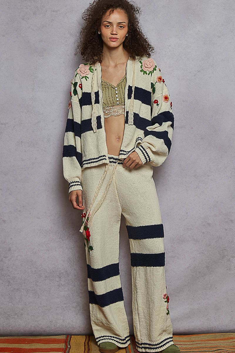 Striped pattern 3D embroidered hoodie zip-up sweater top