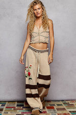 Striped pattern 3D embroidered detail chenille sweater pants