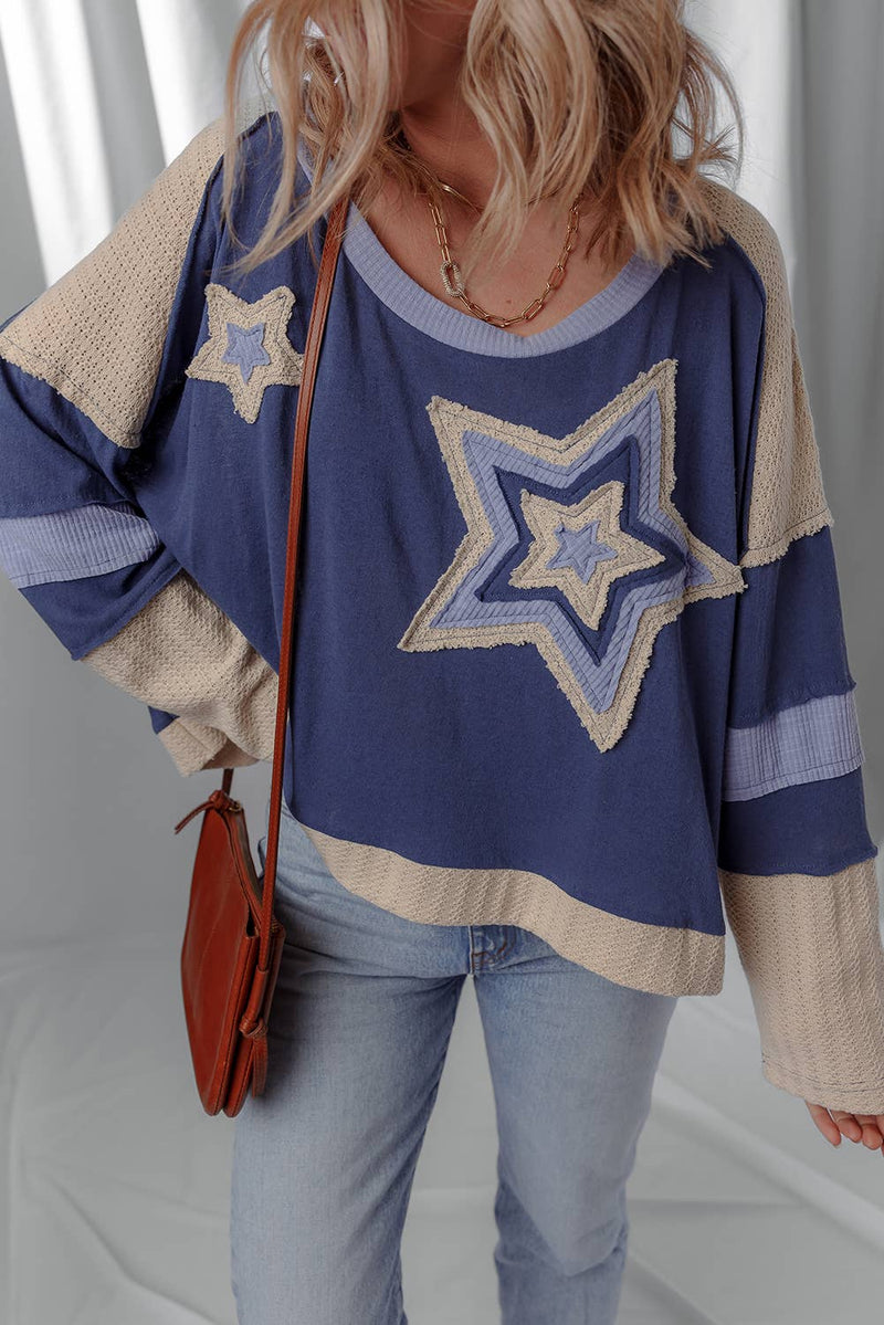 Contrast Knitted Patchwork Star Patched Top