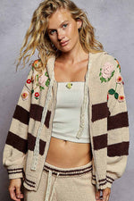 Striped pattern 3D embroidered hoodie zip-up sweater top