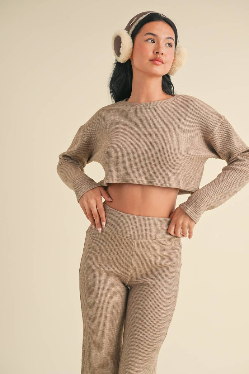 Waffle Knit Long Sleeve Crop Top and High Waist Flare Pants