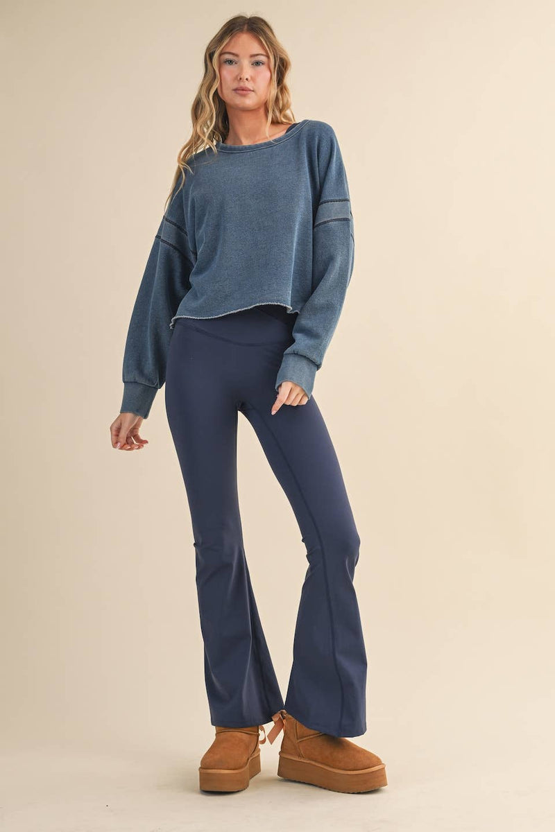 Denim Wash Cutout Back Layering Fleece-Lined Sweatshirt