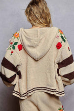 Striped pattern 3D embroidered hoodie zip-up sweater top