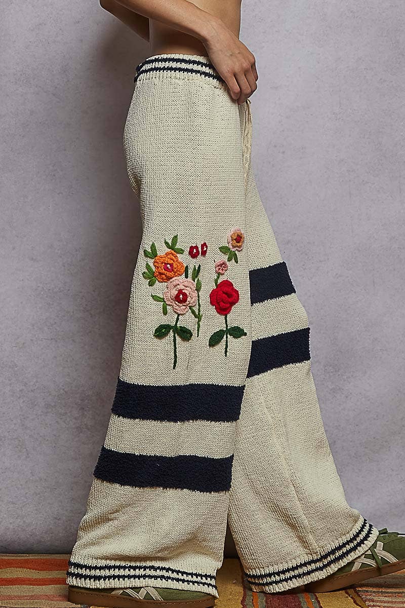 Striped pattern 3D embroidered detail chenille sweater pants