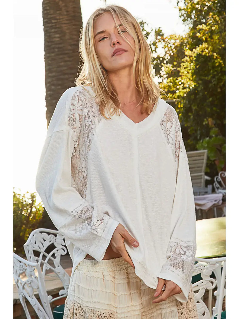 Oversize Round Neck Long Sleeve Crochet Lace Solid Knit Top