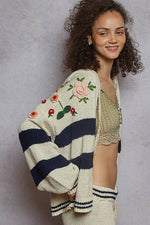 Striped pattern 3D embroidered hoodie zip-up sweater top