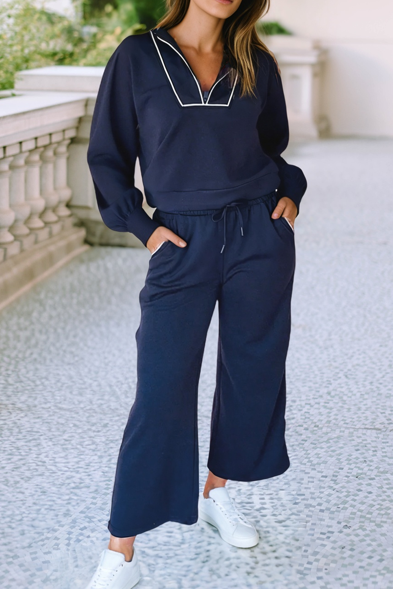 Contrast Piping Zipped Pullover Cropped Pants Set