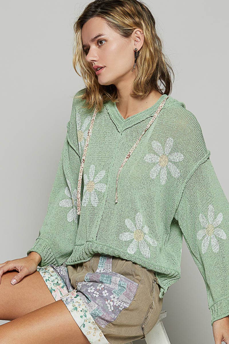 V-neck long sleeve floral print hoodie sweater