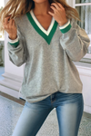 Contrast Striped Trim V Neck Casual Sweater