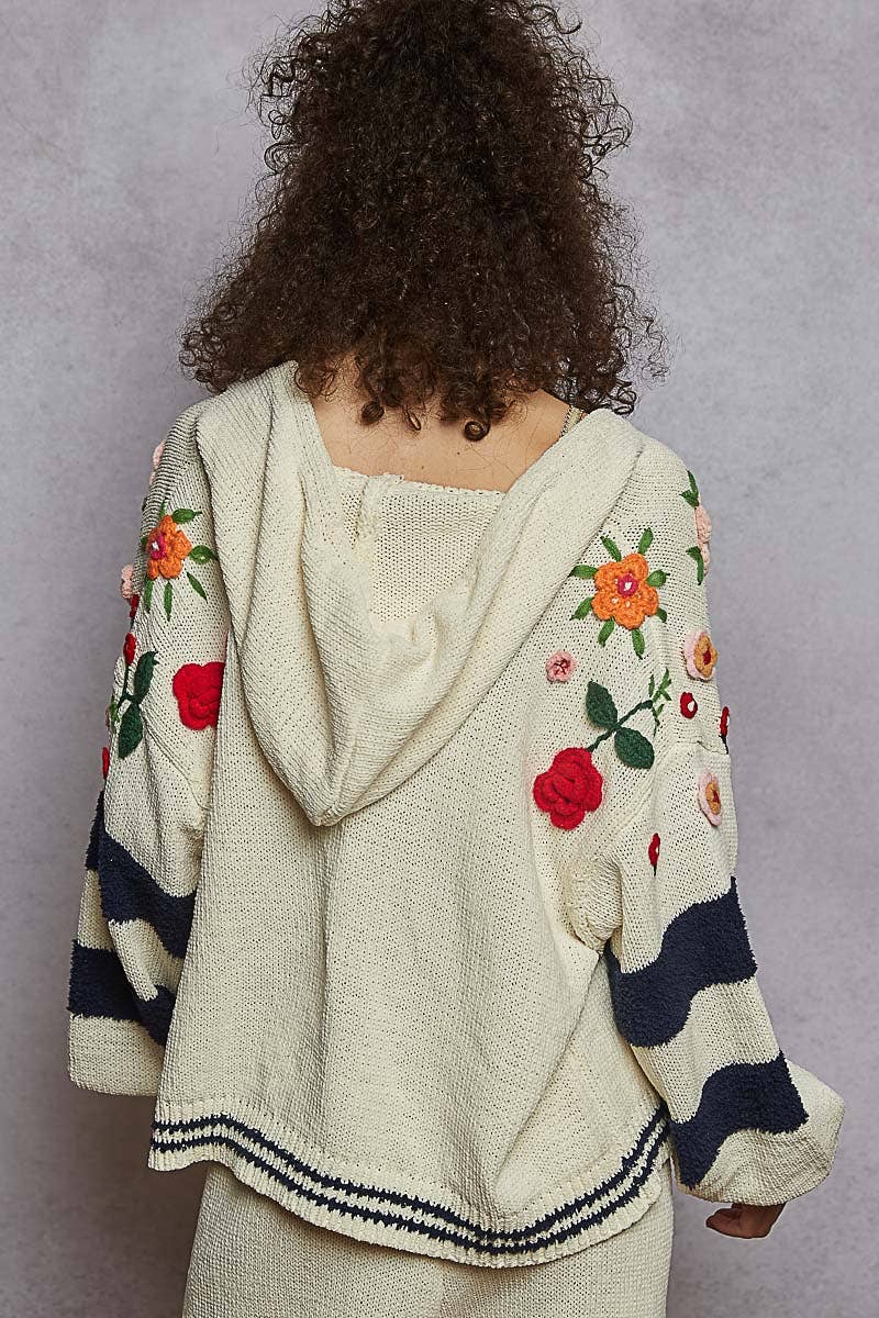 Striped pattern 3D embroidered hoodie zip-up sweater top
