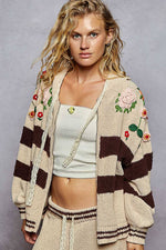 Striped pattern 3D embroidered hoodie zip-up sweater top