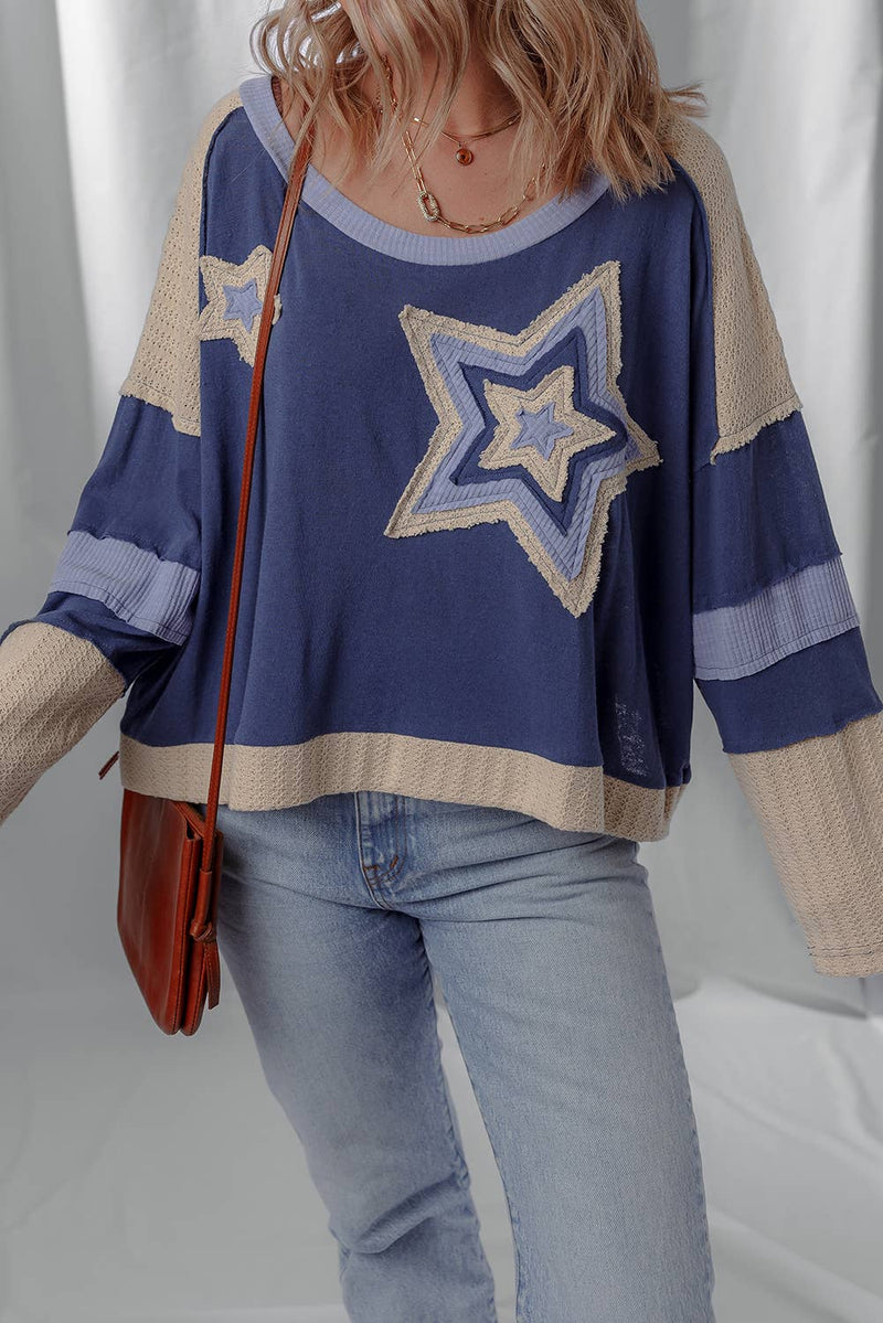 Contrast Knitted Patchwork Star Patched Top