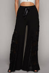 Lace contrast elastic band satin strap solid wide pants