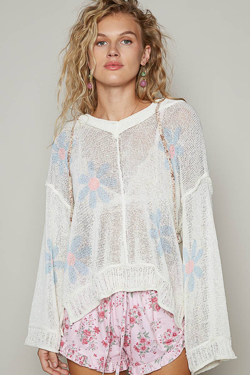 V-neck long sleeve floral print hoodie sweater