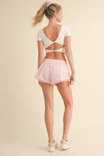 Bow Print Active Shorts with Ruffle Trim