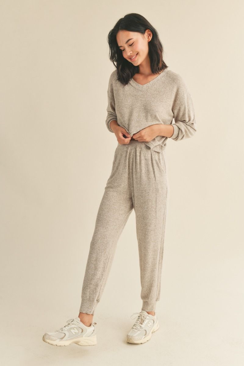 Soft Brushed V-neck Long Sleeve Top and Jogger Set